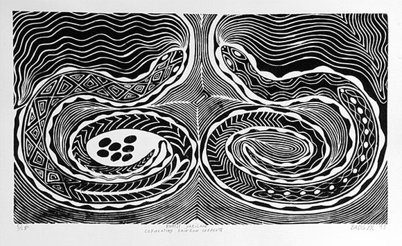 Artist: b'Bates, Badger' | Title: b'Nhatji Yarilana (Copulating rainbow serpents)' | Date: 1993 | Technique: b'linocut, printed in black ink, from one block' Artist: b'Bates, Badger' | Title: b'Nhatji Yarilana (Copulating rainbow serpents)' | Date: 1993 | Technique: b'linocut, printed in black ink, from one block'