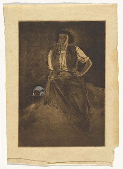 Artist: b'Nimmo, Lorna.' | Title: b'(Gypsy girl)' | Date: c.1940 | Technique: b'etching and aquatint, printed in brown ink with gouache and crayon from one copper plate' Artist: b'Nimmo, Lorna.' | Title: b'(Gypsy girl)' | Date: c.1940 | Technique: b'etching and aquatint, printed in brown ink with gouache and crayon from one copper plate'