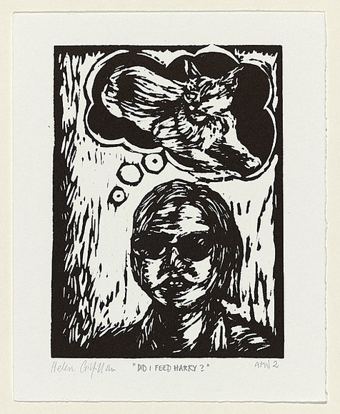 Artist: b'Gilfillan, Helen.' | Title: b'Did I remember to feed Harry?' | Date: 1999, 4 November | Technique: b'linocut, printed in black ink, from one block' Artist: b'Gilfillan, Helen.' | Title: b'Did I remember to feed Harry?' | Date: 1999, 4 November | Technique: b'linocut, printed in black ink, from one block'