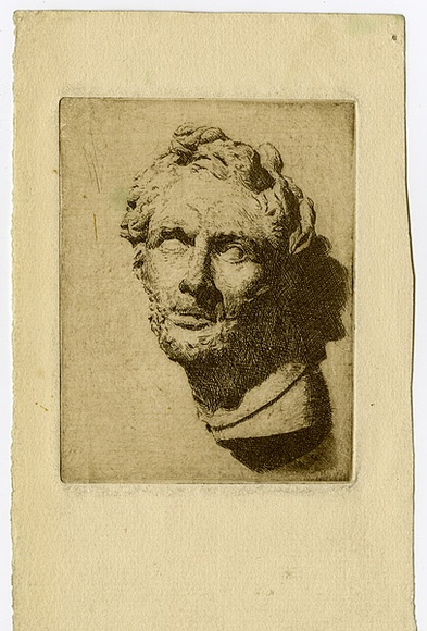 Artist: b'Farmer, John.' | Title: b'(Cast of a Roman head).' | Date: (1950s) | Technique: b'etching, printed in brown ink with plate-tone, from one plate' Artist: b'Farmer, John.' | Title: b'(Cast of a Roman head).' | Date: (1950s) | Technique: b'etching, printed in brown ink with plate-tone, from one plate'