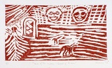 Artist: SHEARER, Mitzi | Title: Tears of the moon - sweat of the sun | Date: 1979 | Technique: linocut, printed in red ink, from one block, touched up with red texta