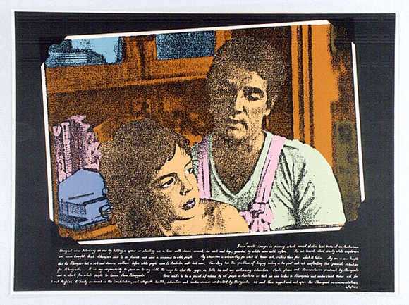 Artist: b'Morrow, David.' | Title: b'Sam and David 1980' | Date: 1987 | Technique: b'screenprint, printed in colour, from multiple stencils' Artist: b'Morrow, David.' | Title: b'Sam and David 1980' | Date: 1987 | Technique: b'screenprint, printed in colour, from multiple stencils'