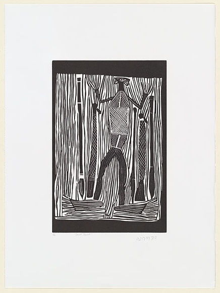 Artist: b'Burra Burra, Sambo.' | Title: b'Devil devil' | Date: c.2001 | Technique: b'linocut, printed in black ink, from one block' Artist: b'Burra Burra, Sambo.' | Title: b'Devil devil' | Date: c.2001 | Technique: b'linocut, printed in black ink, from one block'