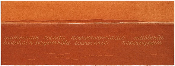 Artist: b'MADDOCK, Bea' | Title: b'Terra Spiritus...with a darker shade of pale' | Date: 1993-98 | Technique: b'stencil print, printed in hand-ground Launceston ochre from multiple hand-cut mylar stencils; letterpress text blind printed; hand-drawn script' Artist: b'MADDOCK, Bea' | Title: b'Terra Spiritus...with a darker shade of pale' | Date: 1993-98 | Technique: b'stencil print, printed in hand-ground Launceston ochre from multiple hand-cut mylar stencils; letterpress text blind printed; hand-drawn script'