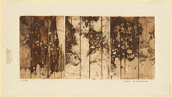 Artist: b'WILLIAMS, Fred' | Title: b'Landscape triptych. Number 1' | Date: 1962 | Technique: b'aquatint, engraving and foul biting, prited in sepia ink' | Copyright: b'\xc2\xa9 Fred Williams Estate' Artist: b'WILLIAMS, Fred' | Title: b'Landscape triptych. Number 1' | Date: 1962 | Technique: b'aquatint, engraving and foul biting, prited in sepia ink' | Copyright: b'\xc2\xa9 Fred Williams Estate'