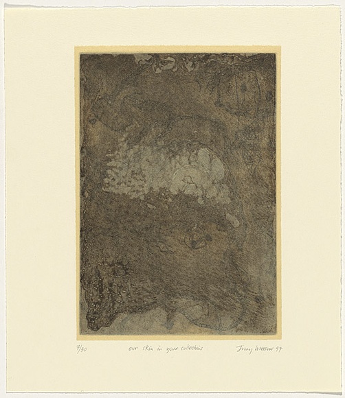 Artist: b'Watson, Judy.' | Title: b'our skin in your collections.' | Date: 1997 | Technique: b'etching,(litho-touche) and soft-ground etching, printed in black ink from two zinc plate;' | Copyright: b'\xc2\xa9 Judy Watson. Licensed by VISCOPY, Australia' Artist: b'Watson, Judy.' | Title: b'our skin in your collections.' | Date: 1997 | Technique: b'etching,(litho-touche) and soft-ground etching, printed in black ink from two zinc plate;' | Copyright: b'\xc2\xa9 Judy Watson. Licensed by VISCOPY, Australia'