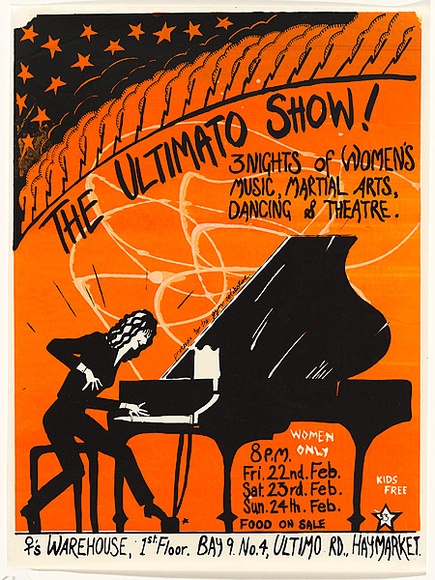 Artist: b'Fieldsend, Jan.' | Title: b'The Ultimo show!.' | Date: 1980 | Technique: b'screenprint, printed in colour, from two stencils' Artist: b'Fieldsend, Jan.' | Title: b'The Ultimo show!.' | Date: 1980 | Technique: b'screenprint, printed in colour, from two stencils'