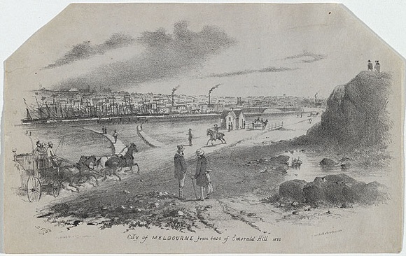 Artist: b'GILL, S.T.' | Title: b'City of Melbourne from the base of Emerald Hill.' | Date: 1855 | Technique: b'lithograph, printed in black ink, from one stone' Artist: b'GILL, S.T.' | Title: b'City of Melbourne from the base of Emerald Hill.' | Date: 1855 | Technique: b'lithograph, printed in black ink, from one stone'