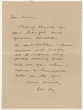 Title: Insert: letter of thanks to Mary Page | Date: 1983 | Technique: handwritten letter in black ink