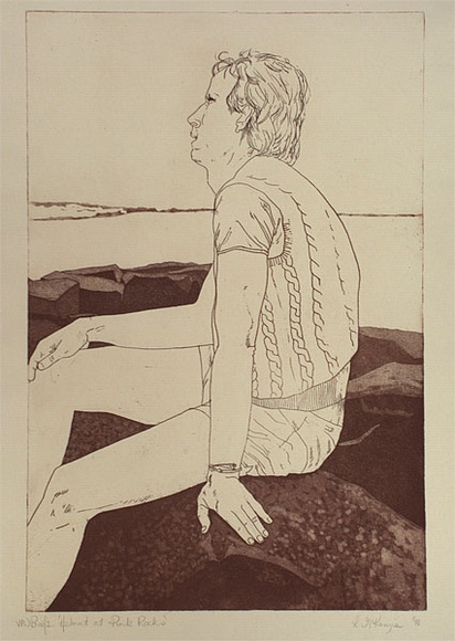 Artist: b'McKenzie, Laurel.' | Title: b'Helmut at pink rocks' | Date: 1981 | Technique: b'etching, printed in brown ink, from one plate' Artist: b'McKenzie, Laurel.' | Title: b'Helmut at pink rocks' | Date: 1981 | Technique: b'etching, printed in brown ink, from one plate'