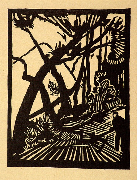 Artist: b'Stephen, Clive.' | Title: b'(Woodcutter in forest)' | Date: c.1948 | Technique: b'linocut, printed in black ink, from one block'