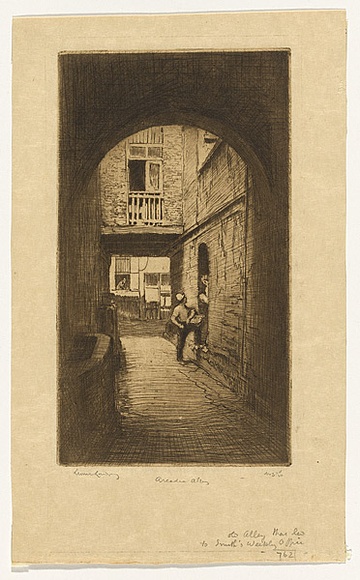 Artist: LINDSAY, Lionel | Title: Arcadia Alley, Pitt Street, Sydney | Date: 1919 | Technique: etching, printed in brown ink with plate-tone, from one plate | Copyright: Courtesy of the National Library of Australia