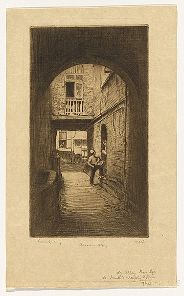 Artist: LINDSAY, Lionel | Title: Arcadia Alley, Pitt Street, Sydney | Date: 1919 | Technique: etching, printed in brown ink with plate-tone, from one plate | Copyright: Courtesy of the National Library of Australia Artist: LINDSAY, Lionel | Title: Arcadia Alley, Pitt Street, Sydney | Date: 1919 | Technique: etching, printed in brown ink with plate-tone, from one plate | Copyright: Courtesy of the National Library of Australia
