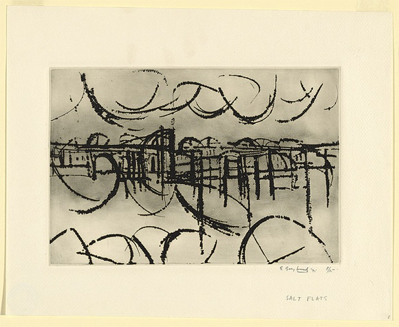 Artist: b'Grey-Smith, Guy' | Title: b'Salt flats' | Date: 1975 | Technique: b'etching printed in black, with plate-tone, from one plate' Artist: b'Grey-Smith, Guy' | Title: b'Salt flats' | Date: 1975 | Technique: b'etching printed in black, with plate-tone, from one plate'