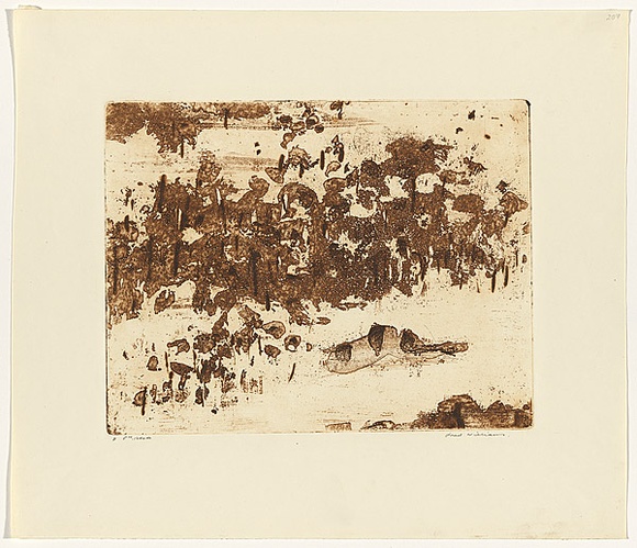 Artist: b'WILLIAMS, Fred' | Title: b'You Yangs pond' | Date: 1963-64 | Technique: b'etching, aquatint, engraving and drypoint, printed in sepia ink, from one copper plate' | Copyright: b'\xc2\xa9 Fred Williams Estate' Artist: b'WILLIAMS, Fred' | Title: b'You Yangs pond' | Date: 1963-64 | Technique: b'etching, aquatint, engraving and drypoint, printed in sepia ink, from one copper plate' | Copyright: b'\xc2\xa9 Fred Williams Estate'