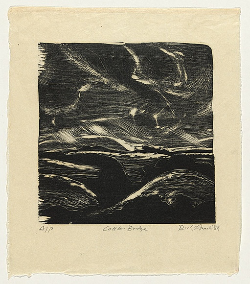 Artist: b'AMOR, Rick' | Title: b'Cottles Bridge.' | Date: 1988 | Technique: b'woodcut, printed in black ink, from one block' | Copyright: b'Image reproduced courtesy the artist and Niagara Galleries, Melbourne' Artist: b'AMOR, Rick' | Title: b'Cottles Bridge.' | Date: 1988 | Technique: b'woodcut, printed in black ink, from one block' | Copyright: b'Image reproduced courtesy the artist and Niagara Galleries, Melbourne'