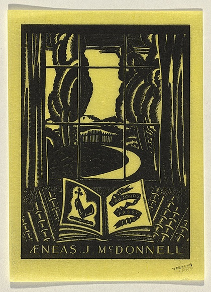 Artist: b'FEINT, Adrian' | Title: b'Bookplate: Aeneas J McDonnell.' | Date: 1933 | Technique: b'wood-engraving, printed in black ink, from one block' | Copyright: b'Courtesy the Estate of Adrian Feint' Artist: b'FEINT, Adrian' | Title: b'Bookplate: Aeneas J McDonnell.' | Date: 1933 | Technique: b'wood-engraving, printed in black ink, from one block' | Copyright: b'Courtesy the Estate of Adrian Feint'