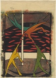 Artist: Black, Dorrit. | Title: The acrobats. | Date: 1927-28 | Technique: linocut, printed in colour, from four blocks (yellow, red, viridian, black)