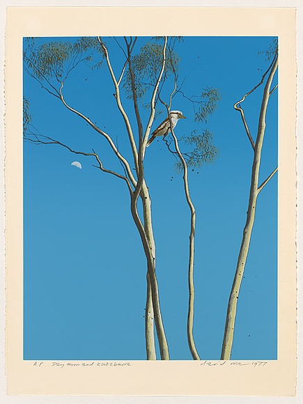 Artist: b'Rose, David.' | Title: b'Day moon and kookaburra' | Date: 1977 | Technique: b'screenprint, printed in colour, from multiple stencils' Artist: b'Rose, David.' | Title: b'Day moon and kookaburra' | Date: 1977 | Technique: b'screenprint, printed in colour, from multiple stencils'