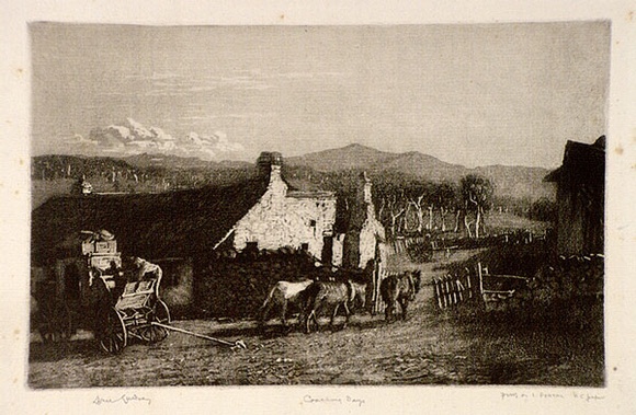 Artist: b'LINDSAY, Lionel' | Title: b'Coaching days; near Binalong' | Date: 1925 | Technique: b'spirit-aquatint and burnishing, printed in black ink, from one plate' | Copyright: b'Courtesy of the National Library of Australia' Artist: b'LINDSAY, Lionel' | Title: b'Coaching days; near Binalong' | Date: 1925 | Technique: b'spirit-aquatint and burnishing, printed in black ink, from one plate' | Copyright: b'Courtesy of the National Library of Australia'