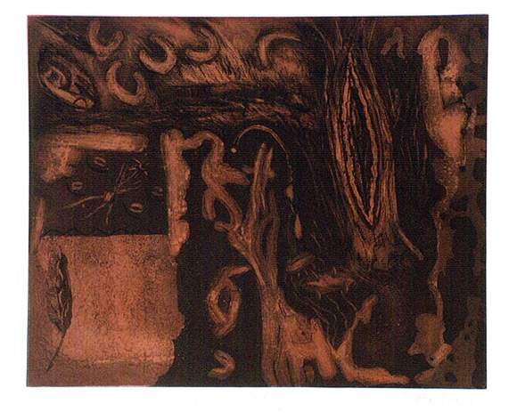 Artist: b'Harradine, Gail.' | Title: b'Searching, looking inward' | Date: 1996 | Technique: b'etching and aquatint, printed in colour, from two plates in ochre and black' Artist: b'Harradine, Gail.' | Title: b'Searching, looking inward' | Date: 1996 | Technique: b'etching and aquatint, printed in colour, from two plates in ochre and black'