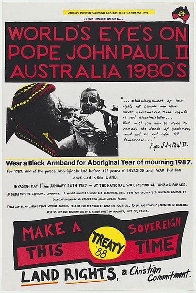 Artist: b'Gilbert, Kevin.' | Title: b'Treaty 88 Campaign' | Date: 1986 | Technique: b'screenprint, printed in colour, from 3 stencils'