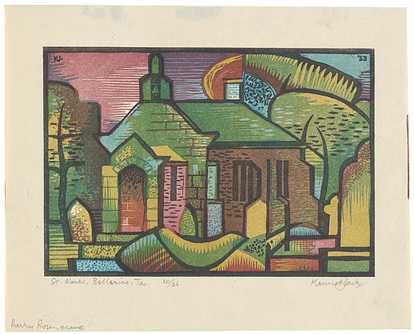 Artist: b'Jack, Kenneth.' | Title: b'Bellerive Church, Tasmania' | Date: 1953 | Technique: b'linocut, printed in colour, from four blocks' | Copyright: b'\xc2\xa9 Kenneth Jack. Licensed by VISCOPY, Australia' Artist: b'Jack, Kenneth.' | Title: b'Bellerive Church, Tasmania' | Date: 1953 | Technique: b'linocut, printed in colour, from four blocks' | Copyright: b'\xc2\xa9 Kenneth Jack. Licensed by VISCOPY, Australia'