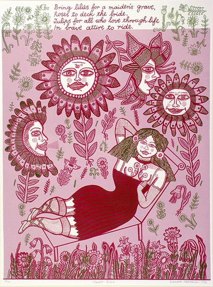 Artist: b'HANRAHAN, Barbara' | Title: b'Flower piece' | Date: 1976 | Technique: b'lithograph, printed in colour, from three plates' Artist: b'HANRAHAN, Barbara' | Title: b'Flower piece' | Date: 1976 | Technique: b'lithograph, printed in colour, from three plates'