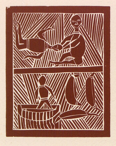 Artist: b'Manydjarri, Wilson.' | Title: b'Wedi and Budok' | Date: 1971 | Technique: b'linocut, printed in red-brown ink, from one block' Artist: b'Manydjarri, Wilson.' | Title: b'Wedi and Budok' | Date: 1971 | Technique: b'linocut, printed in red-brown ink, from one block'