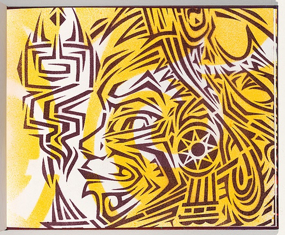 Title: b'Derailed' | Date: 2003 | Technique: b'stencil, printed in yellow and maroon aerosol paint, from two stencils'