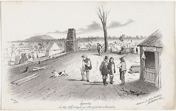 Artist: b'GILL, S.T.' | Title: b'Eureka in the neighbourhood of insurgents stockade.' | Date: 1855-56 | Technique: b'lithograph, printed in black ink, from one stone' Artist: b'GILL, S.T.' | Title: b'Eureka in the neighbourhood of insurgents stockade.' | Date: 1855-56 | Technique: b'lithograph, printed in black ink, from one stone'