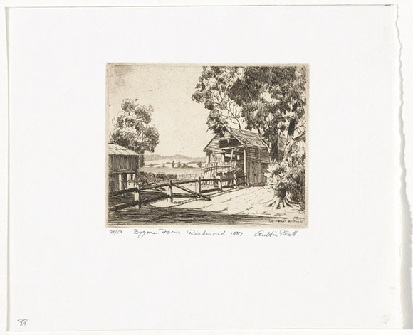 Artist: b'PLATT, Austin' | Title: b'Bygone Farm Richmond' | Date: 1937 | Technique: b'etching, printed in black ink, from one plate' Artist: b'PLATT, Austin' | Title: b'Bygone Farm Richmond' | Date: 1937 | Technique: b'etching, printed in black ink, from one plate'