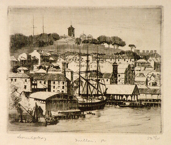 Artist: b'LINDSAY, Lionel' | Title: bOld Miller's Point, Sydney | Date: 1925 | Technique: b'etching, printed in black ink with plate-tone, from one plate' | Copyright: b'Courtesy of the National Library of Australia' Artist: b'LINDSAY, Lionel' | Title: bOld Miller's Point, Sydney | Date: 1925 | Technique: b'etching, printed in black ink with plate-tone, from one plate' | Copyright: b'Courtesy of the National Library of Australia'