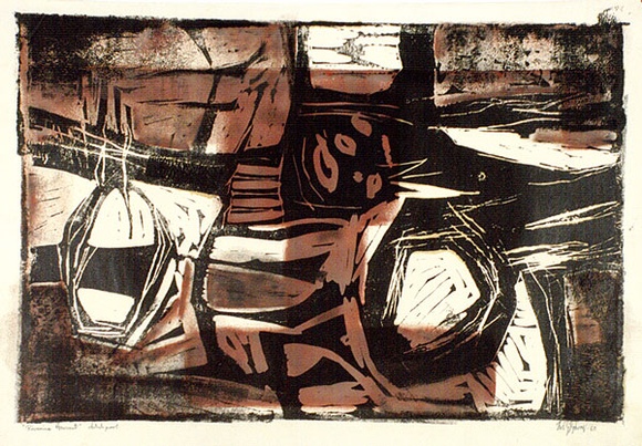 Artist: b'GLEGHORN, Tom.' | Title: b'Riverina harvest' | Date: 1960 | Technique: b'woodcut, printed in colour, from two masonite blocks' | Copyright: b'\xc2\xa9 Thomas Gleghorn' Artist: b'GLEGHORN, Tom.' | Title: b'Riverina harvest' | Date: 1960 | Technique: b'woodcut, printed in colour, from two masonite blocks' | Copyright: b'\xc2\xa9 Thomas Gleghorn'