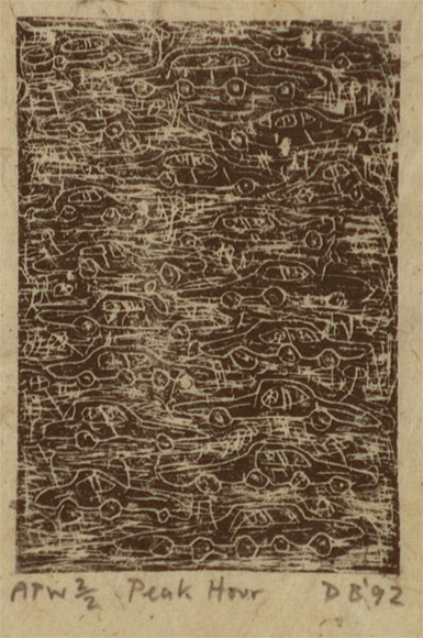 Artist: b'Bowen, Dean.' | Title: b'Peak hour' | Date: 1992 | Technique: b'etching, printed in black ink, from one plate' Artist: b'Bowen, Dean.' | Title: b'Peak hour' | Date: 1992 | Technique: b'etching, printed in black ink, from one plate'