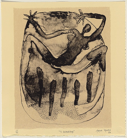 Artist: b'Meeks, Arone Raymond.' | Title: b'Five guardians' | Date: 1997 | Technique: b'lithograph, printed in black ink, from one stone' Artist: b'Meeks, Arone Raymond.' | Title: b'Five guardians' | Date: 1997 | Technique: b'lithograph, printed in black ink, from one stone'