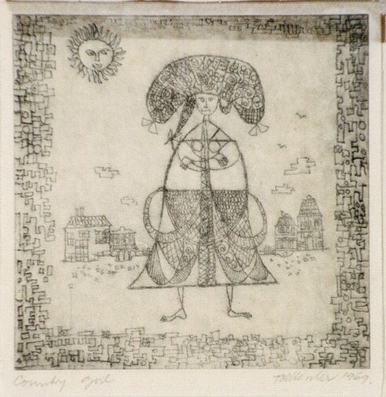 Artist: b'de Kesler, Thomas.' | Title: b'Country girl.' | Date: 1969 | Technique: b'etching, printed in black ink, from one plate' | Copyright: b'\xc2\xa9 Thomas de Kessler' Artist: b'de Kesler, Thomas.' | Title: b'Country girl.' | Date: 1969 | Technique: b'etching, printed in black ink, from one plate' | Copyright: b'\xc2\xa9 Thomas de Kessler'