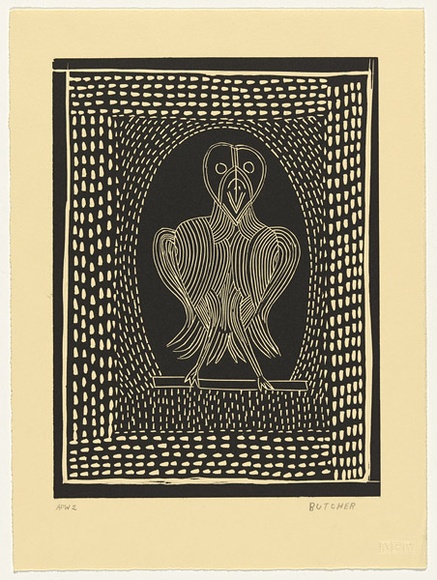 Artist: b'Cherel, Kumanjayi (Butcher).' | Title: b'Owl' | Date: 1994, October-November | Technique: b'linocut, printed in black ink, from one block' Artist: b'Cherel, Kumanjayi (Butcher).' | Title: b'Owl' | Date: 1994, October-November | Technique: b'linocut, printed in black ink, from one block'