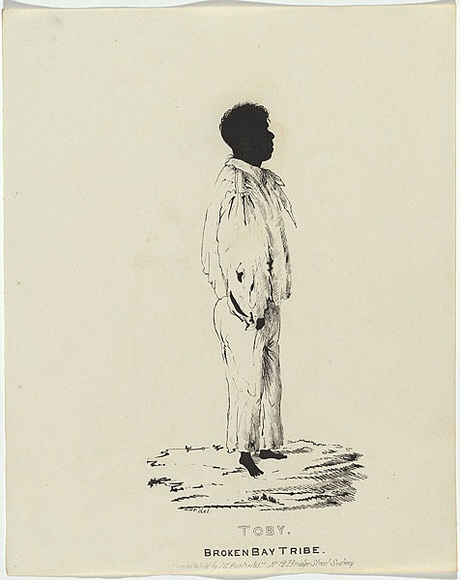 Artist: b'Fernyhough, William.' | Title: b'Toby, Broken Bay Tribe.' | Date: 1836 | Technique: b'pen-lithograph, printed in black ink, from one zinc plate' Artist: b'Fernyhough, William.' | Title: b'Toby, Broken Bay Tribe.' | Date: 1836 | Technique: b'pen-lithograph, printed in black ink, from one zinc plate'