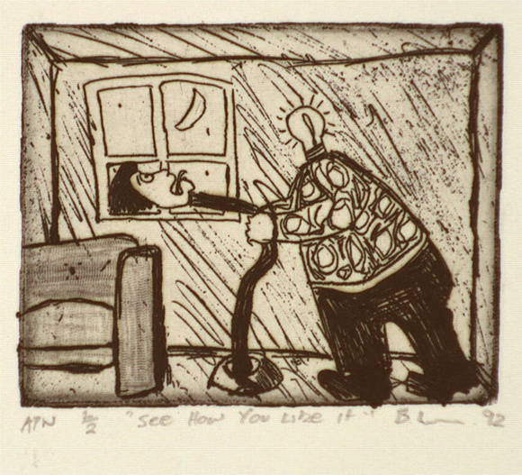 Artist: b'Leveson, Ben Conrad.' | Title: b'See how you like it' | Date: 1992, December | Technique: b'etching, printed in black ink, from one plate' Artist: b'Leveson, Ben Conrad.' | Title: b'See how you like it' | Date: 1992, December | Technique: b'etching, printed in black ink, from one plate'