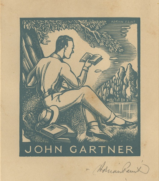 Artist: b'FEINT, Adrian' | Title: b'Bookplate: John Gartner.' | Date: (1938) | Technique: b'wood-engraving, printed in blue ink, from one block' | Copyright: b'Courtesy the Estate of Adrian Feint' Artist: b'FEINT, Adrian' | Title: b'Bookplate: John Gartner.' | Date: (1938) | Technique: b'wood-engraving, printed in blue ink, from one block' | Copyright: b'Courtesy the Estate of Adrian Feint'