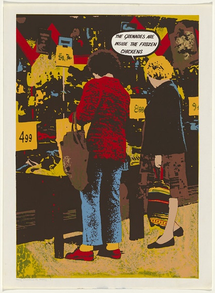 Artist: b'Robertson, Toni.' | Title: b'Taking marketown by strategy - 2' | Date: 1977 | Technique: b'screenprint, printed in colour, from multiple stencils' | Copyright: b'\xc2\xa9 Toni Robertson' Artist: b'Robertson, Toni.' | Title: b'Taking marketown by strategy - 2' | Date: 1977 | Technique: b'screenprint, printed in colour, from multiple stencils' | Copyright: b'\xc2\xa9 Toni Robertson'
