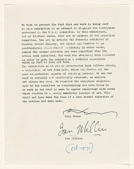 Artist: b'MILLISS, Ian' | Title: b'(Joint letter protesting C.A.S. policy)' | Date: (1971) | Technique: b'photocopy' Artist: b'MILLISS, Ian' | Title: b'(Joint letter protesting C.A.S. policy)' | Date: (1971) | Technique: b'photocopy'