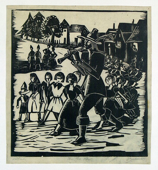 Artist: b'Allen, Joyce.' | Title: b'The Pied Piper.' | Date: 1947 | Technique: b'linocut, printed in black ink, from one block' Artist: b'Allen, Joyce.' | Title: b'The Pied Piper.' | Date: 1947 | Technique: b'linocut, printed in black ink, from one block'