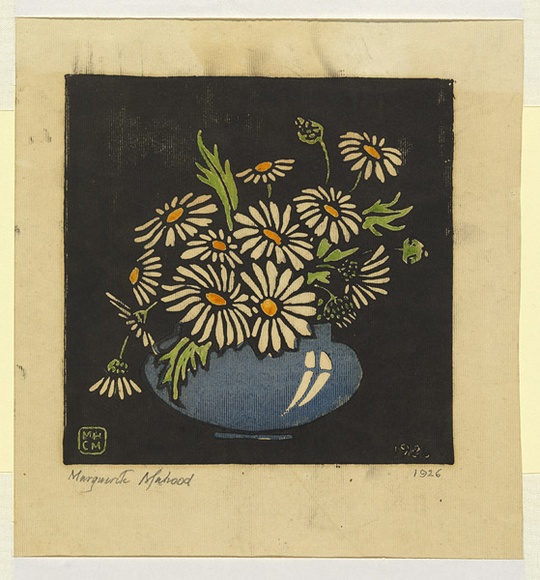 Artist: b'Mahood, Marguerite' | Title: b'Marguerite daisies' | Date: 1926 | Technique: b'linocut, printed in black ink, from one block, hand-coloured' Artist: b'Mahood, Marguerite' | Title: b'Marguerite daisies' | Date: 1926 | Technique: b'linocut, printed in black ink, from one block, hand-coloured'