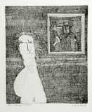 Artist: BALDESSIN, George | Title: Personage and mirror. | Date: 1966 | Technique: etching, printed in black ink, from one plate
