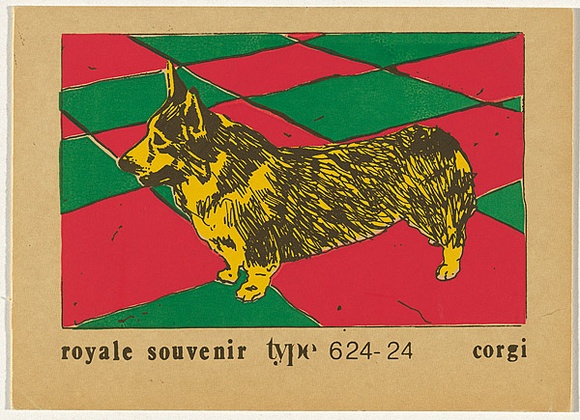 Artist: b'Megalo Screenprinting Collective.' | Title: b'Royal souvenir type 624-24: corgi' | Date: 1981 | Technique: b'screenprint, printed in colour, from four stencils' Artist: b'Megalo Screenprinting Collective.' | Title: b'Royal souvenir type 624-24: corgi' | Date: 1981 | Technique: b'screenprint, printed in colour, from four stencils'