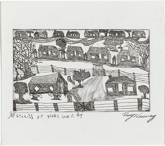 Artist: b'Kennedy, Roy.' | Title: b'Stories of years gone by' | Date: 1998 | Technique: b'etching, printed in black ink, from one plate' Artist: b'Kennedy, Roy.' | Title: b'Stories of years gone by' | Date: 1998 | Technique: b'etching, printed in black ink, from one plate'
