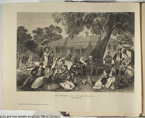 Artist: b'UNIDENTIFIED AUSTRALIAN WOOD-ENGRAVER,' | Title: b'Christmas Eve in Australia.' | Date: 01 January 1868 | Technique: b'wood-engraving, printed in black ink, from one block; letterpress text' Artist: b'UNIDENTIFIED AUSTRALIAN WOOD-ENGRAVER,' | Title: b'Christmas Eve in Australia.' | Date: 01 January 1868 | Technique: b'wood-engraving, printed in black ink, from one block; letterpress text'