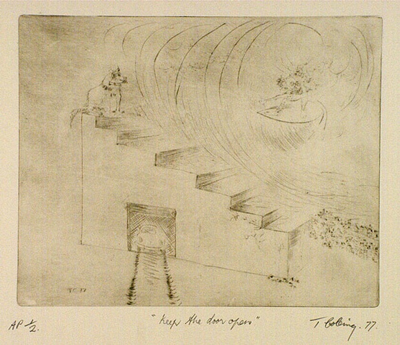 Artist: b'COLEING, Tony' | Title: b'Keep the door open.' | Date: 1977 | Technique: b'drypoint, printed in brown ink, from one copper plate' Artist: b'COLEING, Tony' | Title: b'Keep the door open.' | Date: 1977 | Technique: b'drypoint, printed in brown ink, from one copper plate'